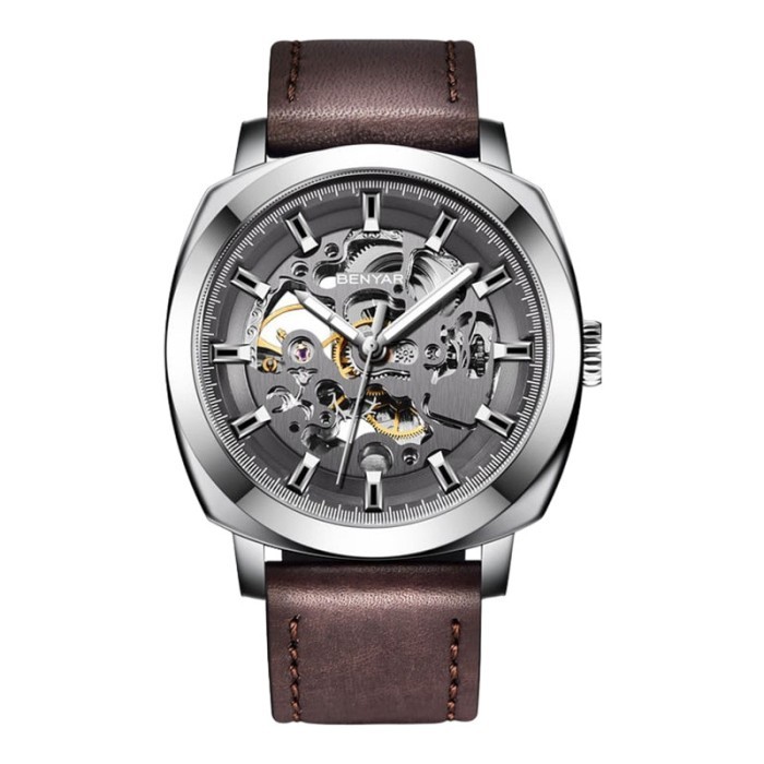 Jam Tangan Pria Benyar BY-5121LE-SLVGRY Automatic Skeleton Dial Brown