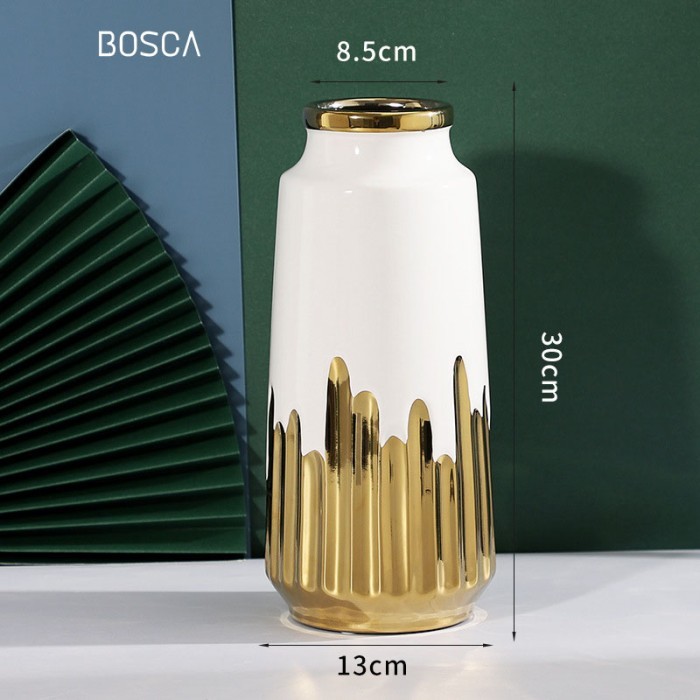 SENSASI BARU VAS PUTIH GOLD MOTIF GARIS / VAS GOLD KRAMIK / VAS BUNGA MEWAH KLF69