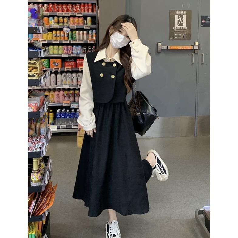 Kekinian Dress Retro Kasual Wanita Gaya Korea Dress Lengan Panjang Kerja Longgar Promo