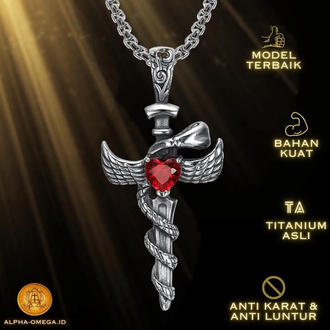 Kalung Salib Pria Keren Liontin Sayap Pedang Ular Batu Merah / Hijau