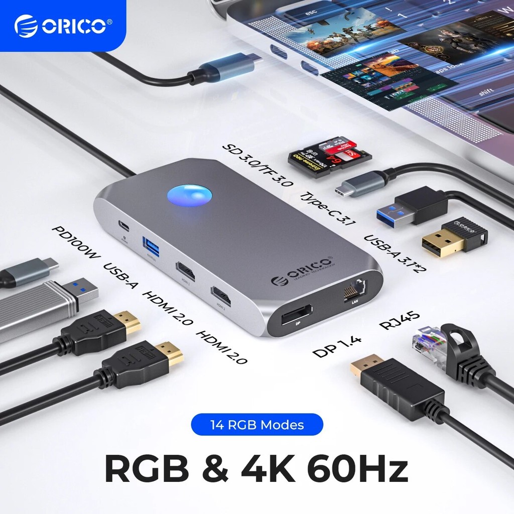 STB USB C Docking Station with 4K60Hz Dual HDMI-compatible VGA DP Ethernet 100W PD Hub SD/TF 3.5mm f