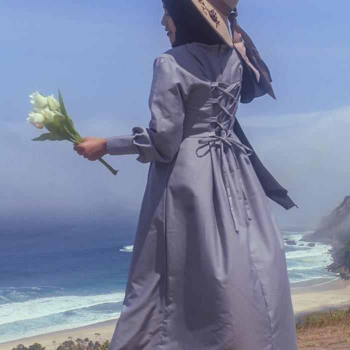 Yoona Dress Vintage / Tali Vintage Di Belakang Casual Katun Panjang Retro Kain Toyobo Biru Muslim
