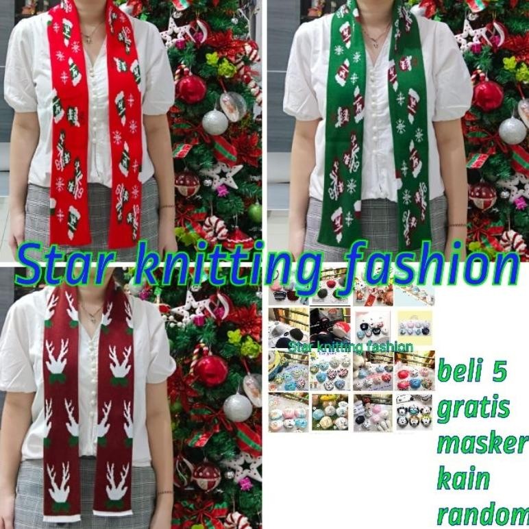 syal syall shawl scraf natal christmas motif topi santa merah dan hijau