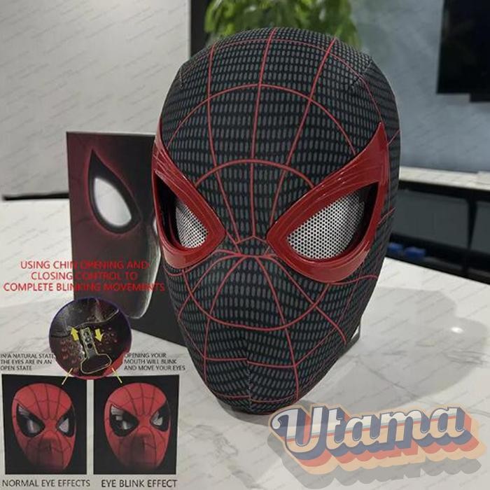Mask Topeng Spiderman Miles Morales Black Elektik Manual Dengan Mata Bisa Bergerak Berkedip Kendali