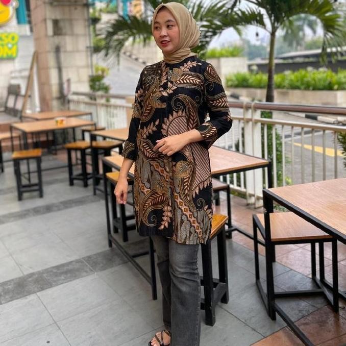 Tunik Batik  Wanita Qistina Motif Hitam Coklat bahan Katun Kain Nyaman Terlaris