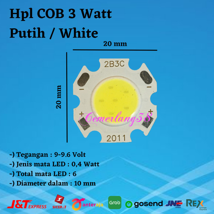 

BERGARANSI HPL 3W COB Putih / High Power LED 3 Watt Chips On Board White 10-20 mm
