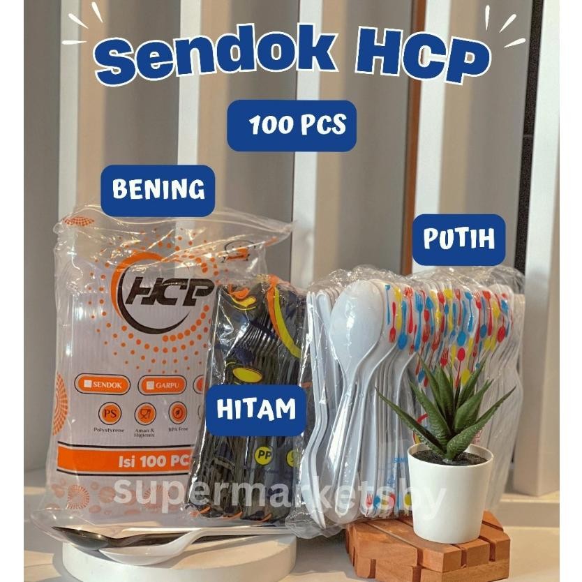 Bisa COD [TERMURAH] Sendok Makan HCP Super Isi @100 pcs / Sendok Plastik Warna Hitam Putih Bening ||