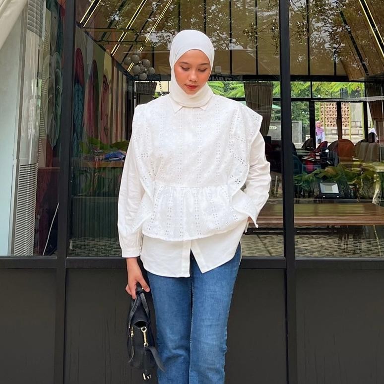 BERKUALITAS ATASAN KEMEJA HITAM PUTIH ONE SET ROMPI COTTON POPLIN BORDIR ELISE SET BY @ATEERA.ID