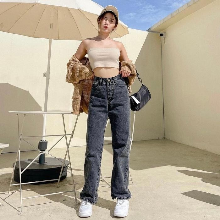 Winda24Shop - Highwaist Loose Jeans Snow Black Asli 100%