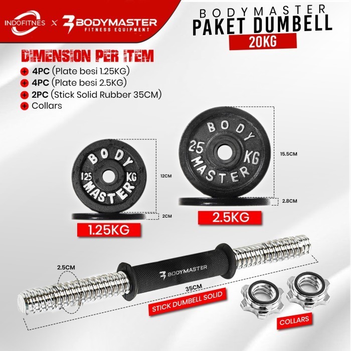 BODYMASTER Paket Dumbell Set Besi 20 KG - Barbel Dumbel 20kg Barbell