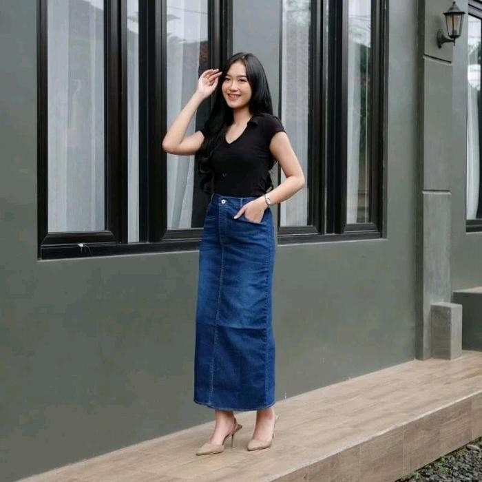 Rok Jeans Cessa Span Panjang // Belah Depan Wanita Kancing Karet Samping Tebal Nyaman Hitam Asli