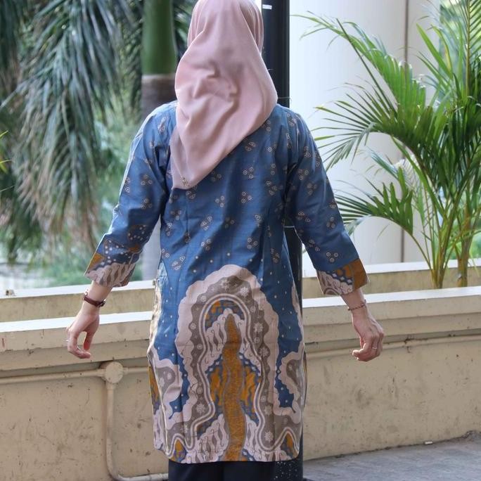 Batik Tunik Abimanyu Blue Model Kancing Depan Full Kancing Sampai Bawah By Batik Rama