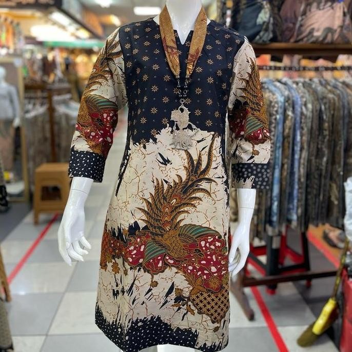 Tunik Batik Motif Kaswari Bahan Katun Model Resleting Belakang Kain Kombinasi Hitam ( Tangan Random 