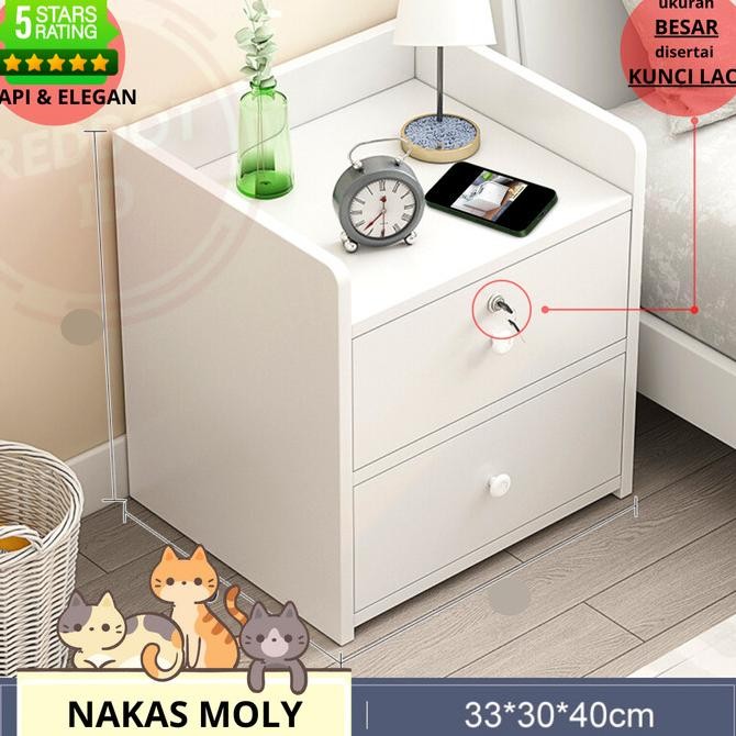 Meja Nakas Minimalis Putih Aesthetic MOLY Kunci Laci Ukuran Besar