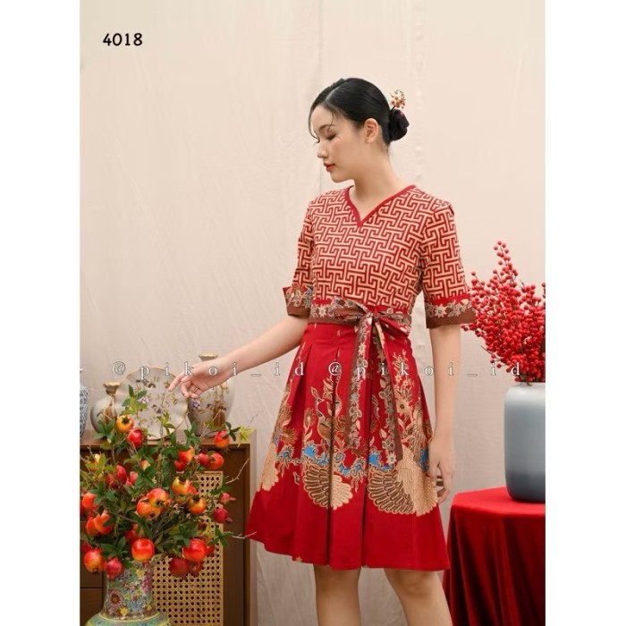 Dress batik merah / dress cheongsam batik / dress imlek / dress qipao