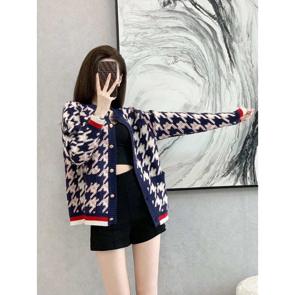 Chanel Style Knitted Cardigan2023Spring New Women's Sweater Cardigan Round Neck Houndstooth Long Sle