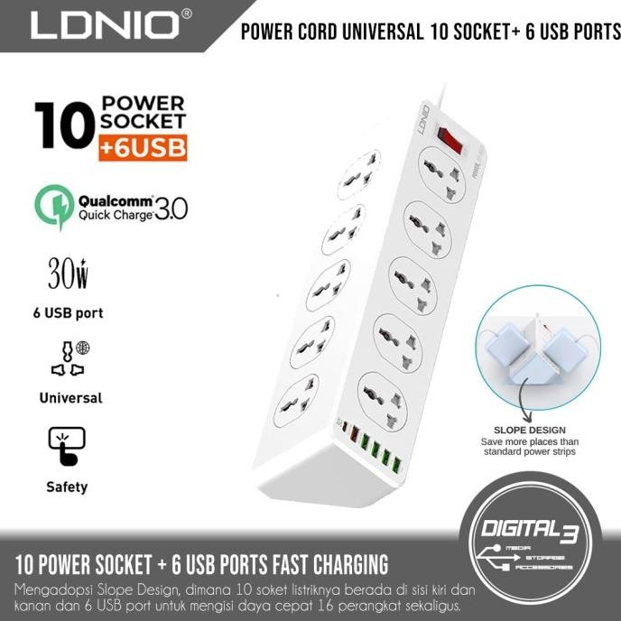 LDNIO SC10610 Stop Kontak 10 Socket Power Strip 6 port USB Charger PD
