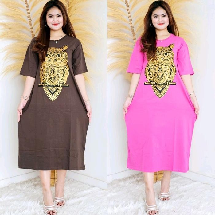 Dress Jumbo Wanita Daster Kekinian Katun Premium Burung Hantu Gold Casual Panjang Dewasa Simple Baju