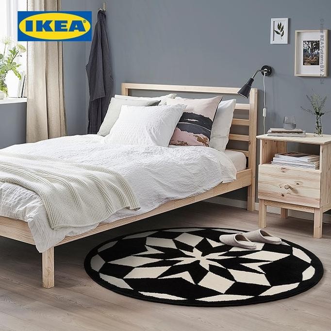 IKEA ENERGISYSTEM Karpet Bulu Tipis Bulat Putih/Hitam 130cm ht