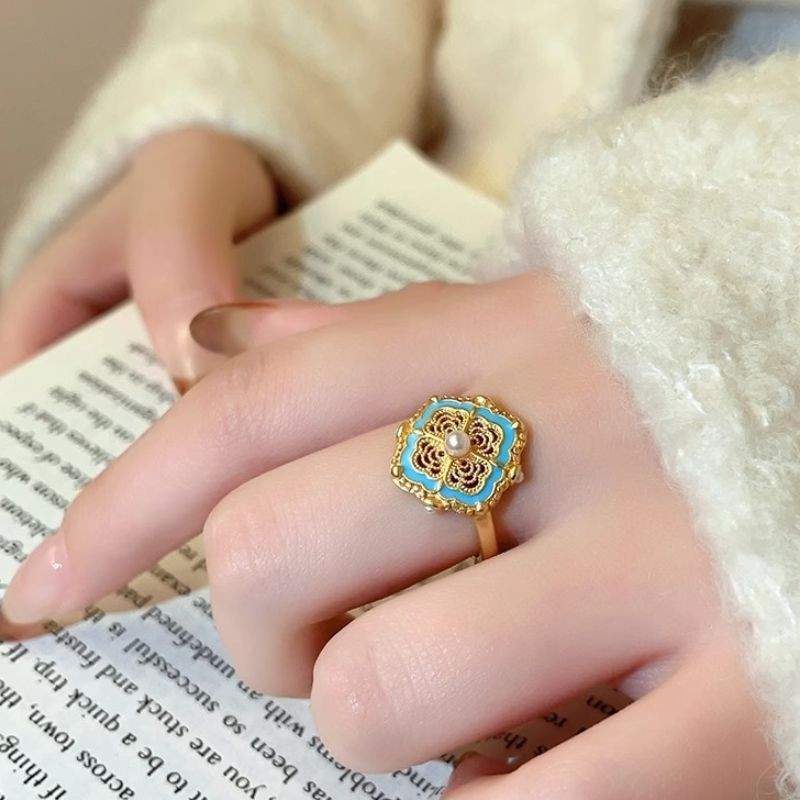 Gold-Plated Filigree Enamel Ruyi Pearl Ring for Women, Niche Design with High Sense of Sophisticatio