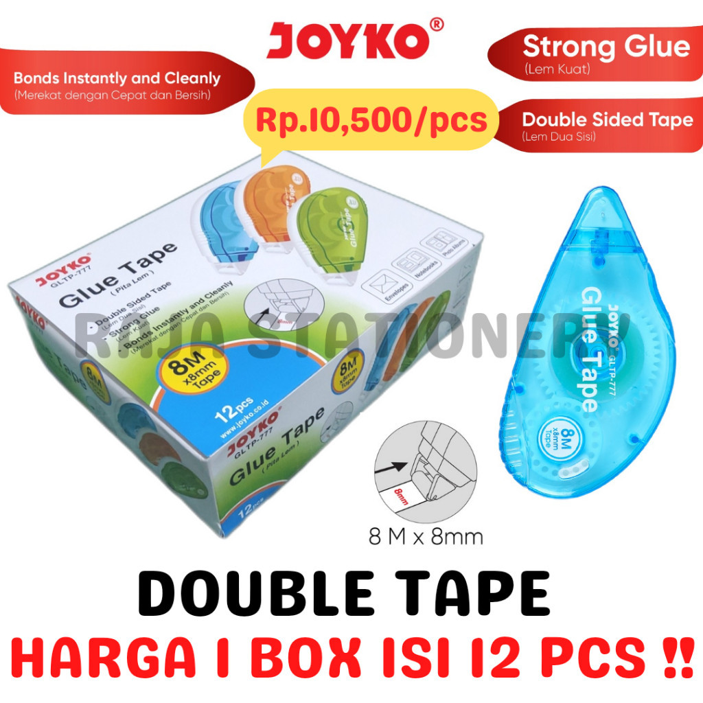 

JOYKO GLUE TAPE DOUBLE TAPE 8 METER ALAT LEM KERTAS ROLLER LUSIN BOX [12PCS] RAJA BIG BOX