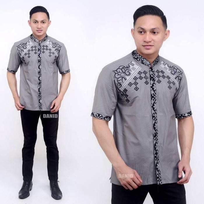 Baju koko Pria Muslim dewasa lengan pendek kombinasi bordir Katun kemeja koko cowok elegan motif