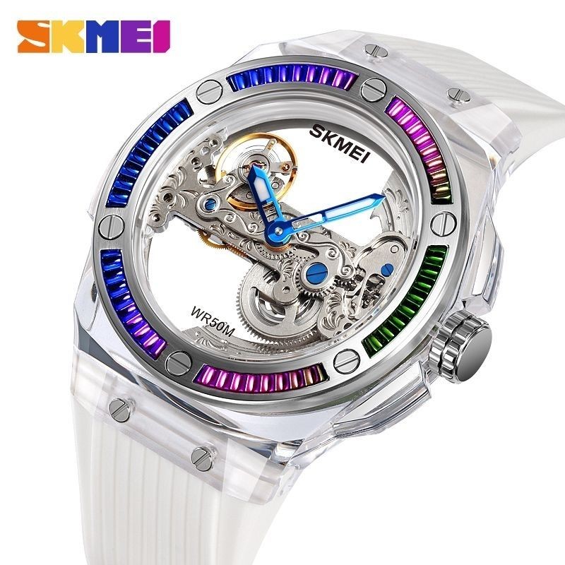 Jam Tangan Mekanis Otomatis Skeleton Transparan Swiss Fashion Tahan Air Tourbillon Pelangi