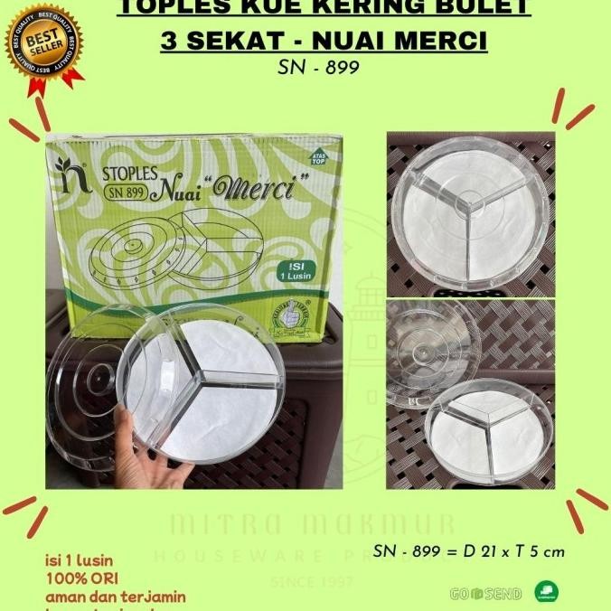 Toples Kue Kering Bulat 3 Sekat Nuai Sn-899 / Toples Lebaran @ 1 Lusin