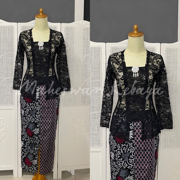 Kebaya Bali Set Brukat Panjang Hitam Bros Rok Siver