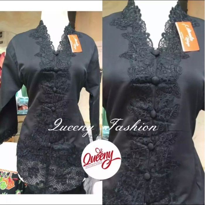Kebaya Encim Hitam Polos Senada Jumbo / Encim Bordir Tangan 7/8 Senada