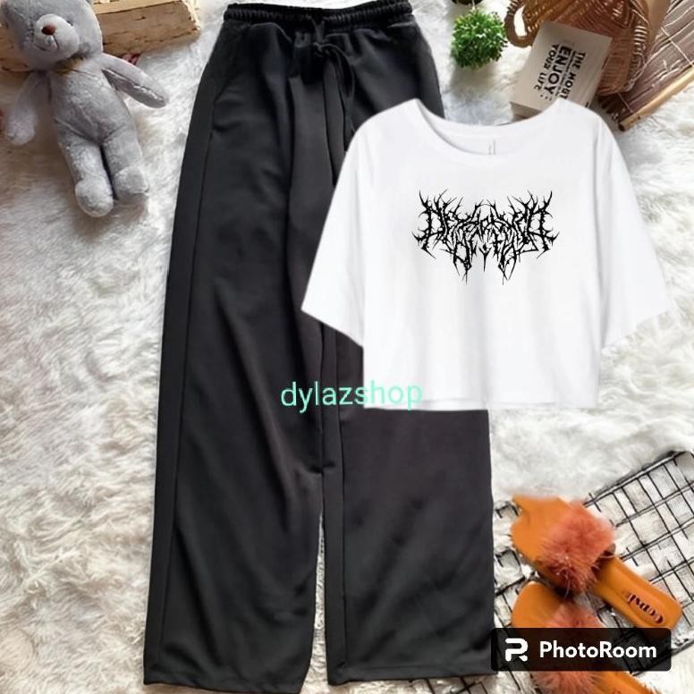 Setelan Crop Oversize Kaos Crop + Celana Kulot Wanita Remaja Korea Stye