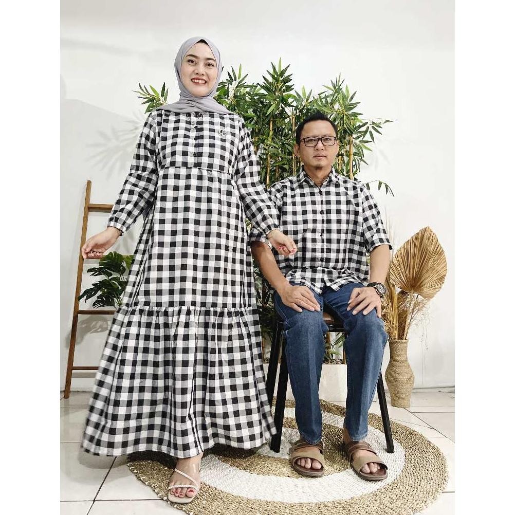 Couple Gamis Dan Kemeja Kotak Kotak Lebaran Pasangan Kekinian Jumbo Ld 110 120 130 Kondangan Suami I