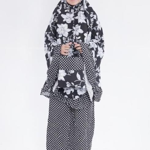 MUKENA KATUN JEPANG REMPEL TERBARU BUNGA PUTIH POLKADOT HITAM TERLARIS Terlaris