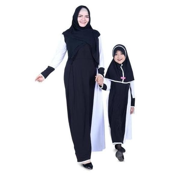Terlaris Baju Muslim Couple Gamis Ibu Dan Anak Jersey - Hitam Putih Original