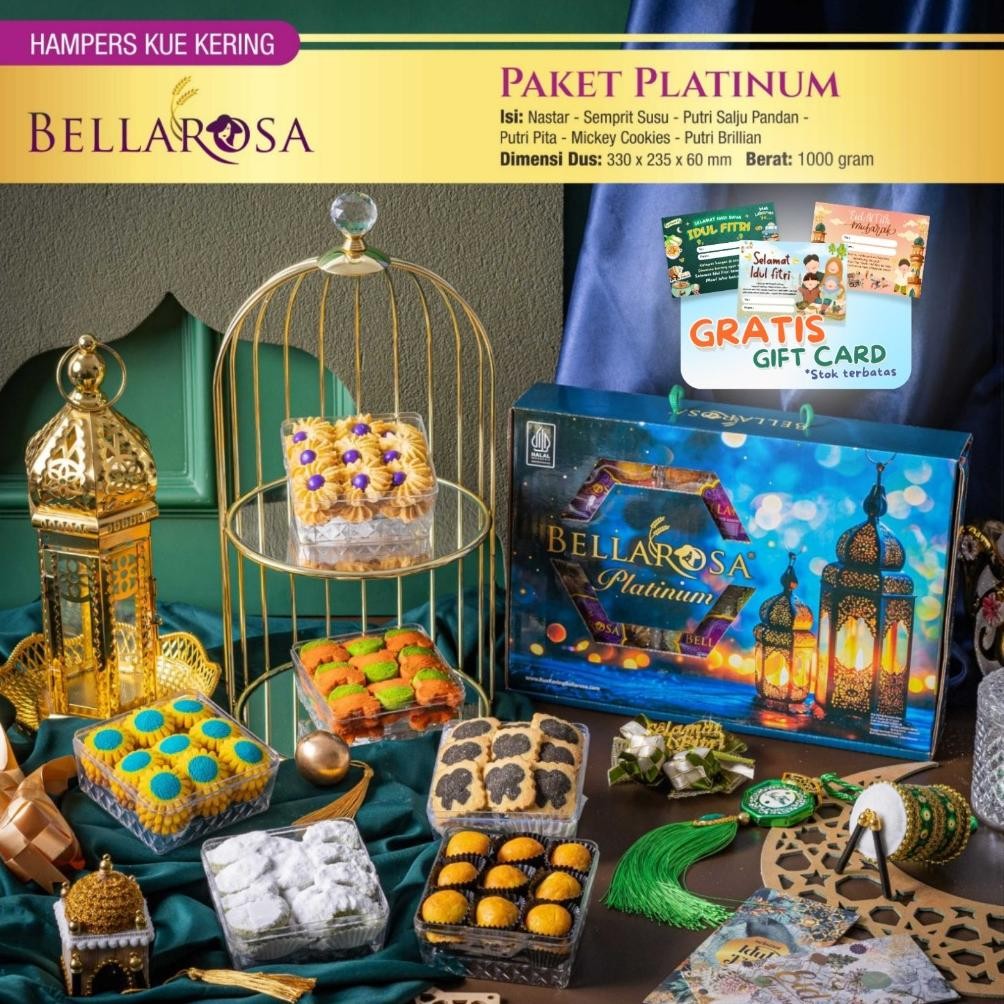 

Paket Parcel Kue Lebaran Kue Kering Bellarosa Platinum Paket Lebaran ( Berat 1Kilo ) / Paket Kue Kering Dibuat Tahun 2025 Diskon