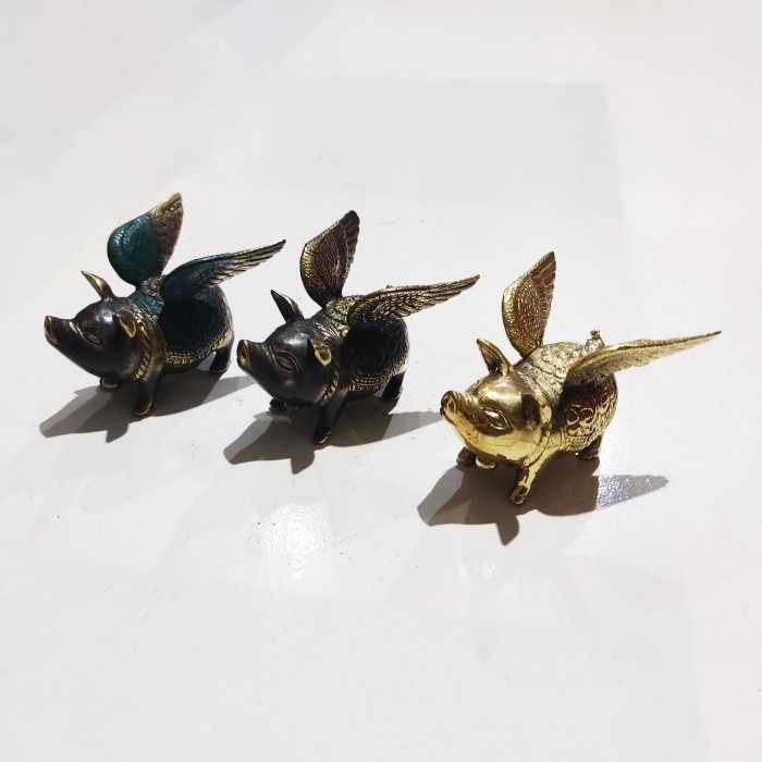 ] Patung Babi Sayap Kuningan Brass Pig Statue Dekorasi Unik