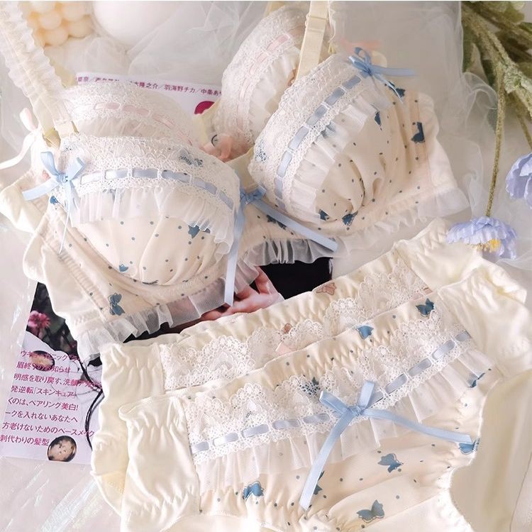 Lingerie Lolita Lolita Wanita Tinggi Set Bra Renda Manis Jepang, Set Bra Tanpa Cincin Baja Lucu