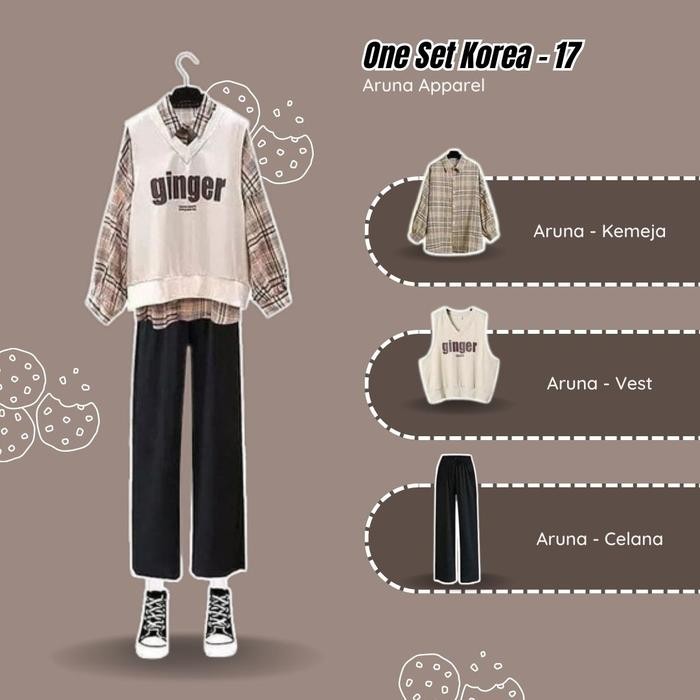 Set Outfit Wanita, Outfit , Ootd Wanita, Style (Vest Cream Set 17) Celana Hitam Katun Kulot Scuba