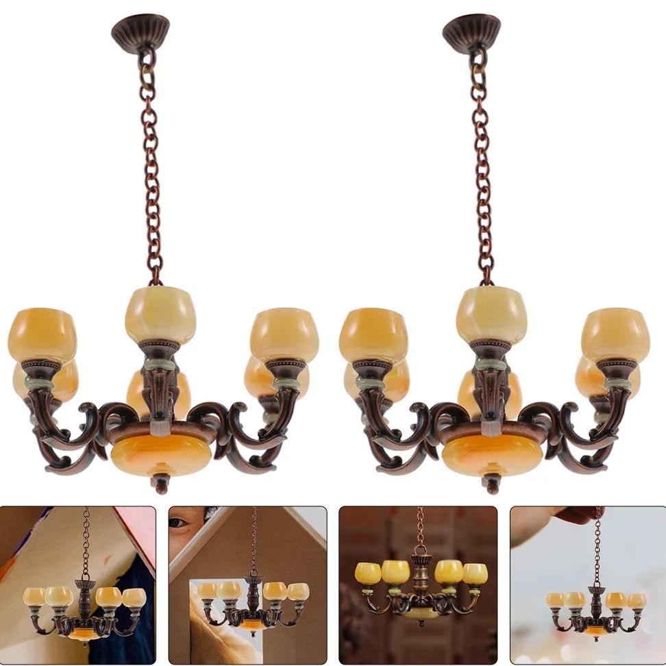 2 Pcs Dollhouse Chandelier Decorative Lamp Ceiling Model Mini Accessory Pendant Plastic Light Adornm