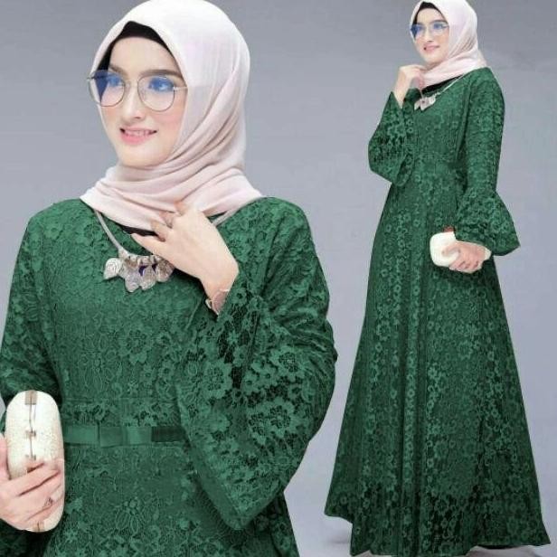 New Gamis Yunita Dress Hijau Botol Pesta Brukat Gliter S M L Xl Xxl 3L Original