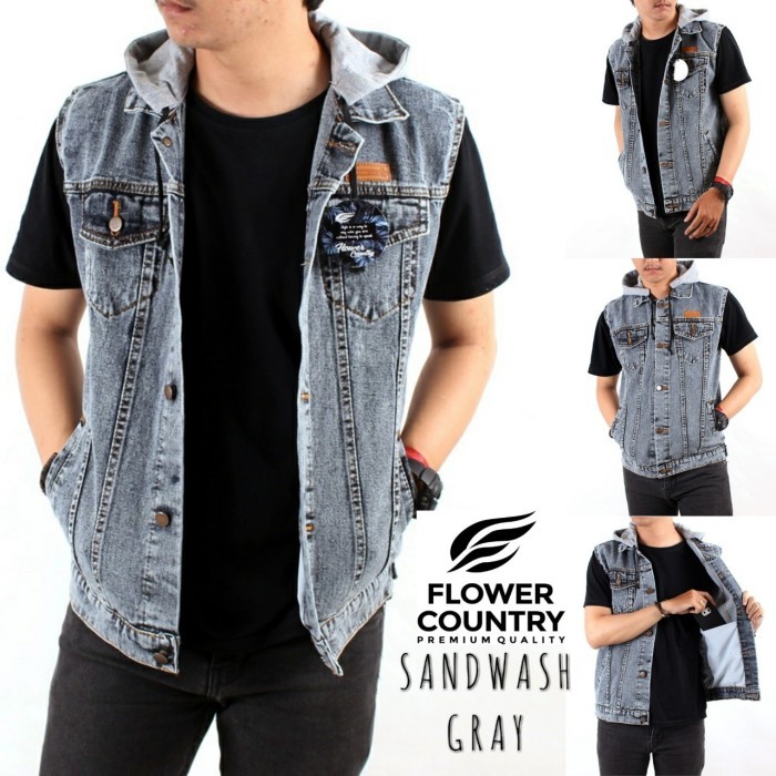 Rompi Jeans Hoodie Pria Termurah Rompi Denim Kupluk Washing Terbaru