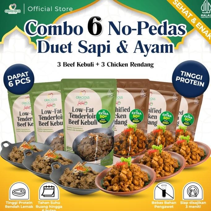 

READY COMBO 6 NO-PEDAS DUET SAPI & AYAM | 3 BEEF KEBULI + 3 CHICKEN RENDANG
