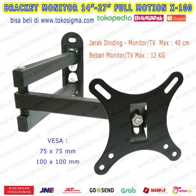 WALL BRACKET FULL MOTION X100 MONITOR PC TV LED 17 19 21 22 24 27 inch Siap Kirim