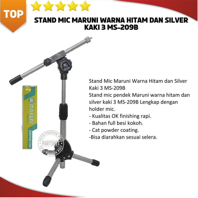 Stand Mic Maruni Warna Hitam dan Silver Kaki 3 MS-209B