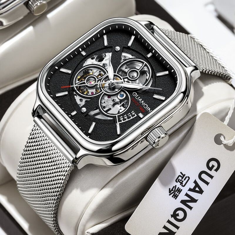 Jam Tangan Mekanis Otomatis Pria Guanqin, Skeleton, Bercahaya, Tahan Air