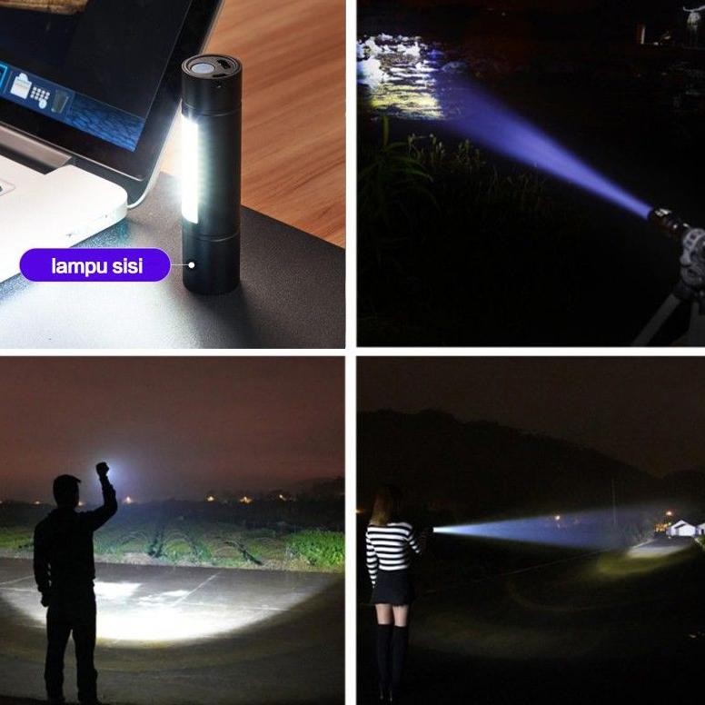 Terlaris.. Senter Lampu Led Emergency Portable Light Rechargeable Police Swat Mini Zoom Cas Usb Cob 