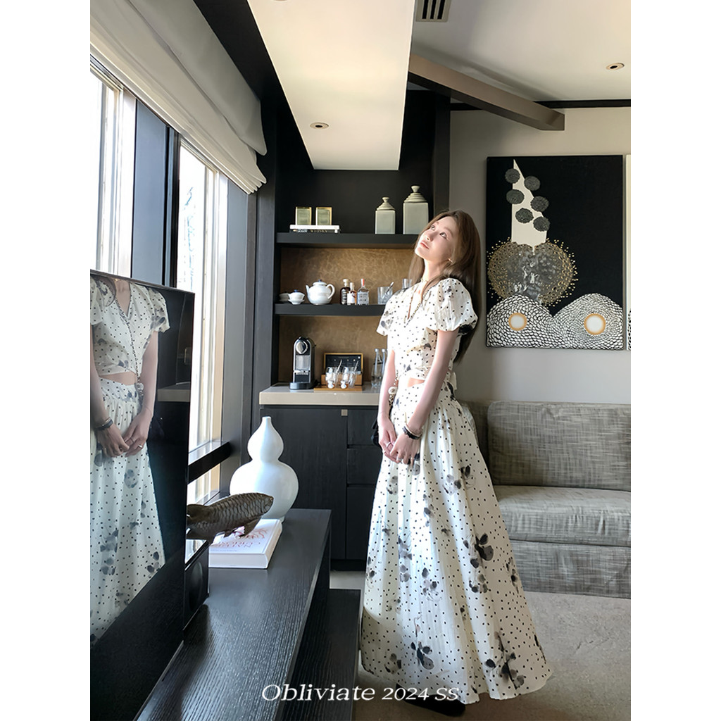 Ink-Dyed Top New Retro Design Sense Tie-Up Top and Skirt Two-Piece Set