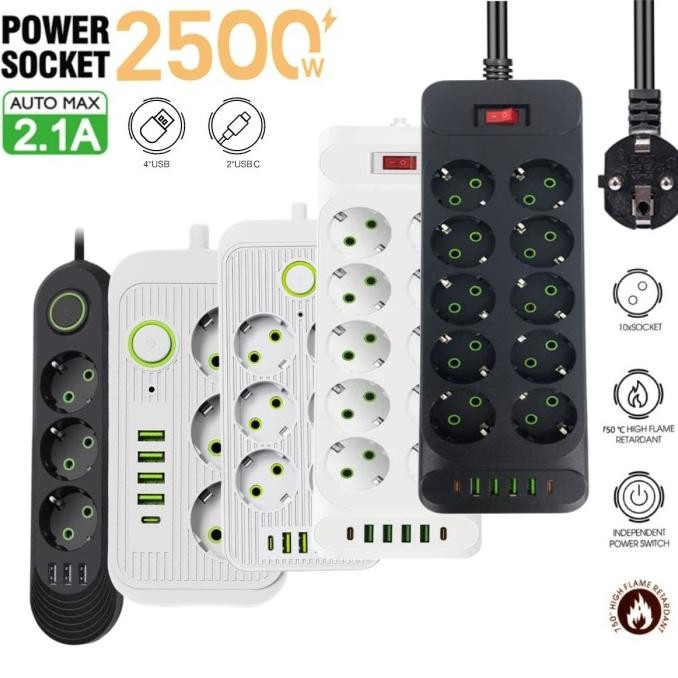 Smart Stop Kontak Sultan Usb Type C Terminal Sambungan Anti Panas 10A 250V 2500W 3 4 6 8 10 Lubang S