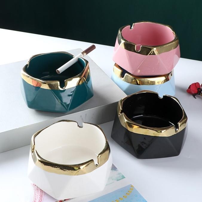 Asbak Keramik Gold + Tutupan Kayu / Asbak Mewah / Asbak Unik Original Dan Terpercaya