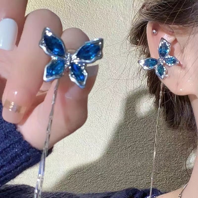 Anting Vintage Tanpa Tindik dengan Batu Biru